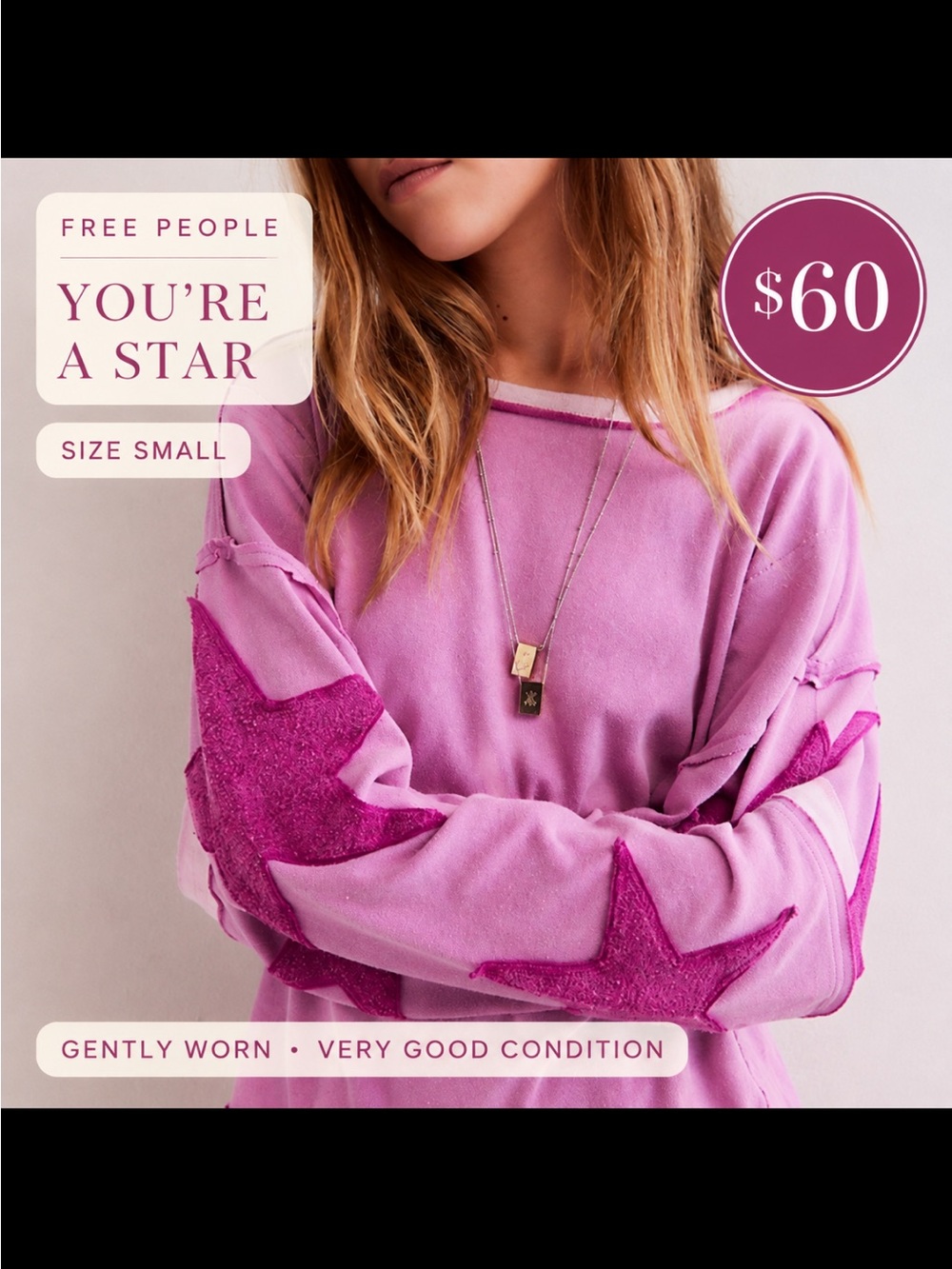 Free People Pink Lilac Crewneck Sweater with Fuchsia Star Appliqués